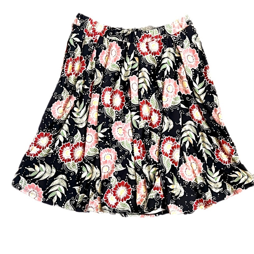 LuLaRoe Madison Skirt XL Black Pink Floral Pull On Stretch Midi A Line Swing